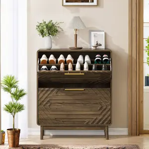 Spaco 31.5-in Walnut Wood Mid-Century Modern Freestanding Shoe Cabinet - 2 Flip-Top Drawers, Geometric Decoration Racks, Adjustable Storage, Above 25 kg Footwear Organization for Hallway, Foyer