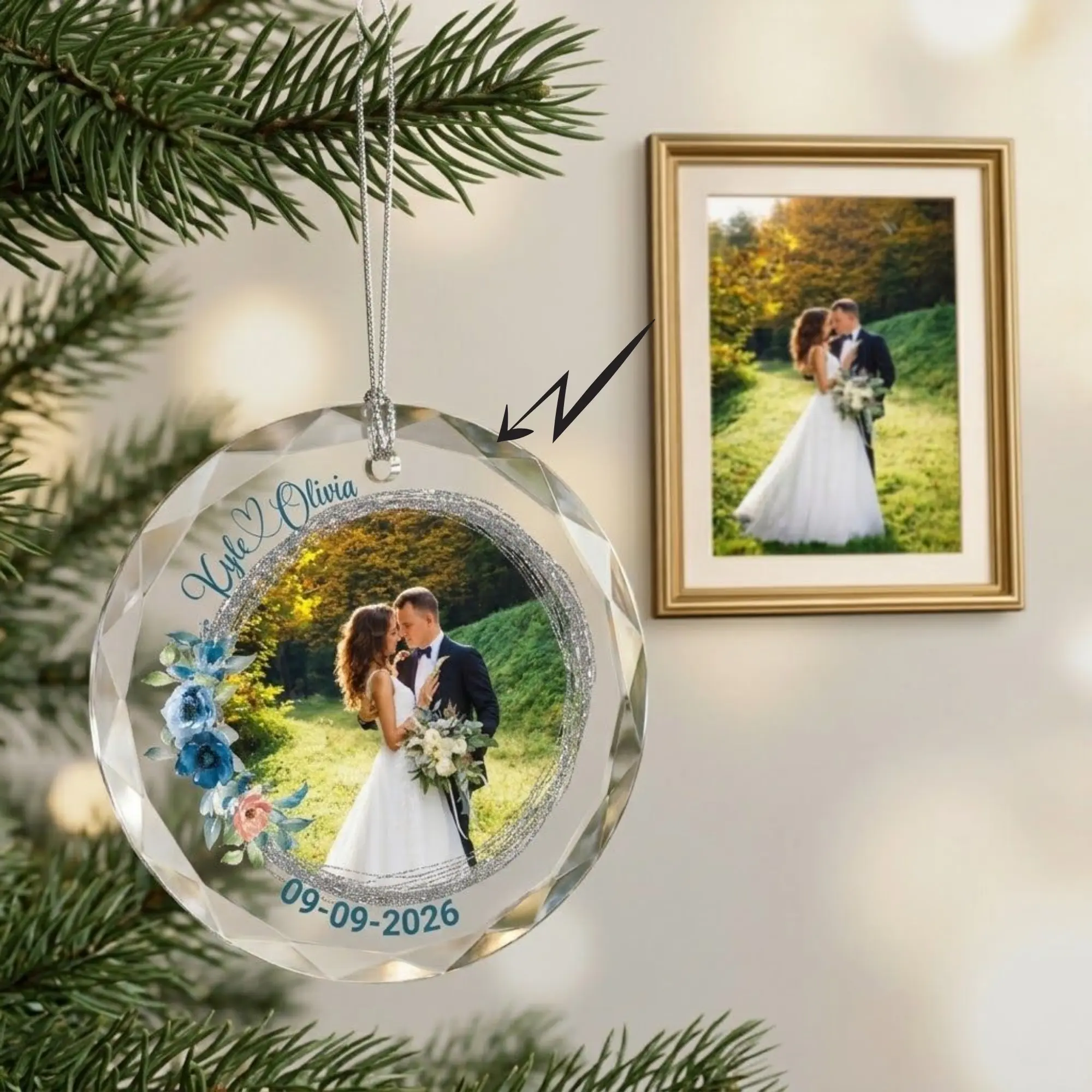 Personalized Glass Christmas Ornament | Custom Photo Ornament with Names & Date | UV Printed Wedding Keepsake Holiday Tree Decoration Gift