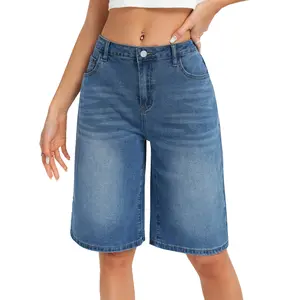 Genleck Women's Classic High-Waisted Denim Bermuda Shorts - Relaxed Wide Leg Knee-Length Jorts