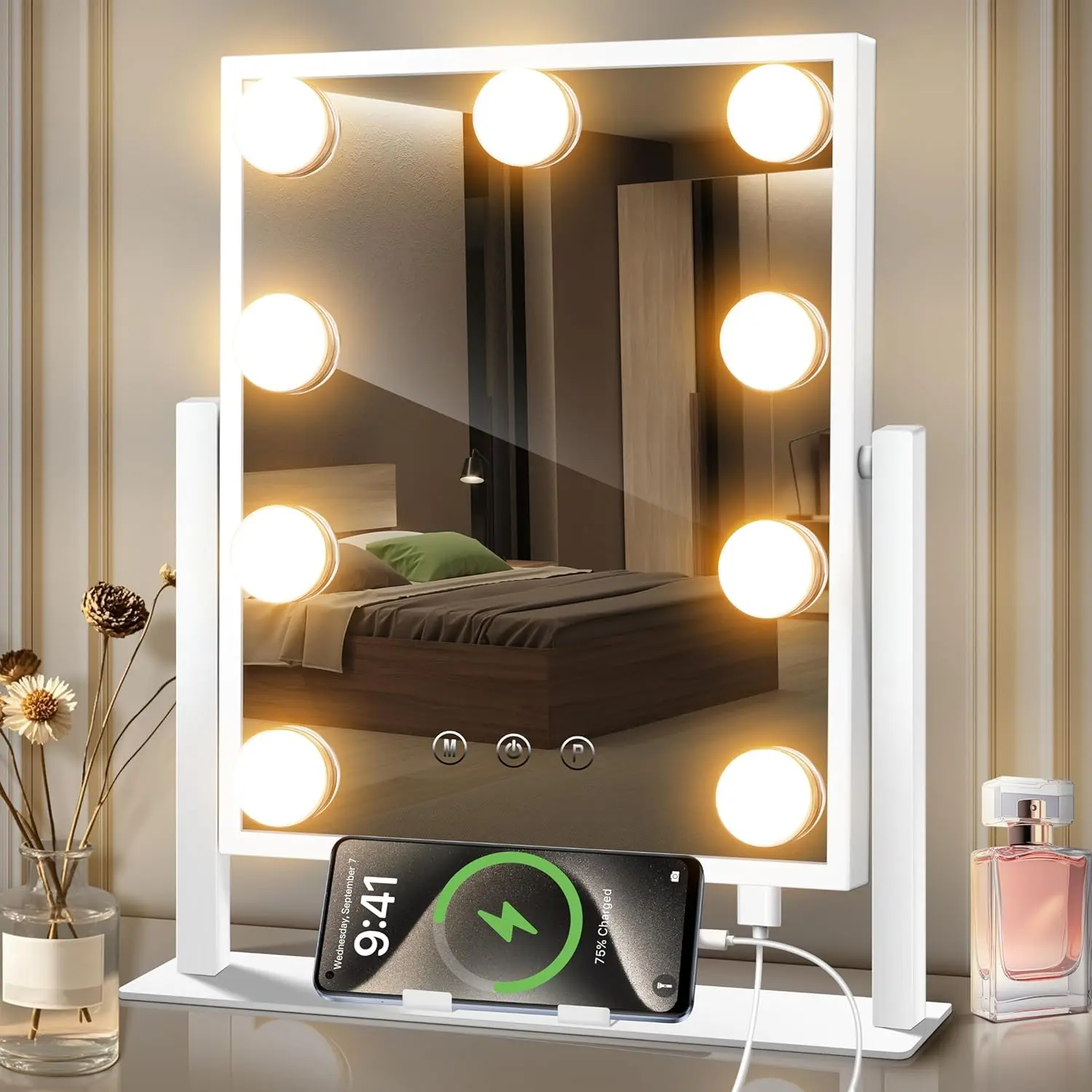 Large Adjustable LED Hollywood Vanity Mirror with Metal Frame, Glass Surface, 9 Dimmable Bulbs, 3 Color Lighting Modes, Smart Touch Switch, 360° Rotation, Phone Holder, USB-Type-C Port, Eye Care LED Lighting Solutions, Portable Dresser Home Decor