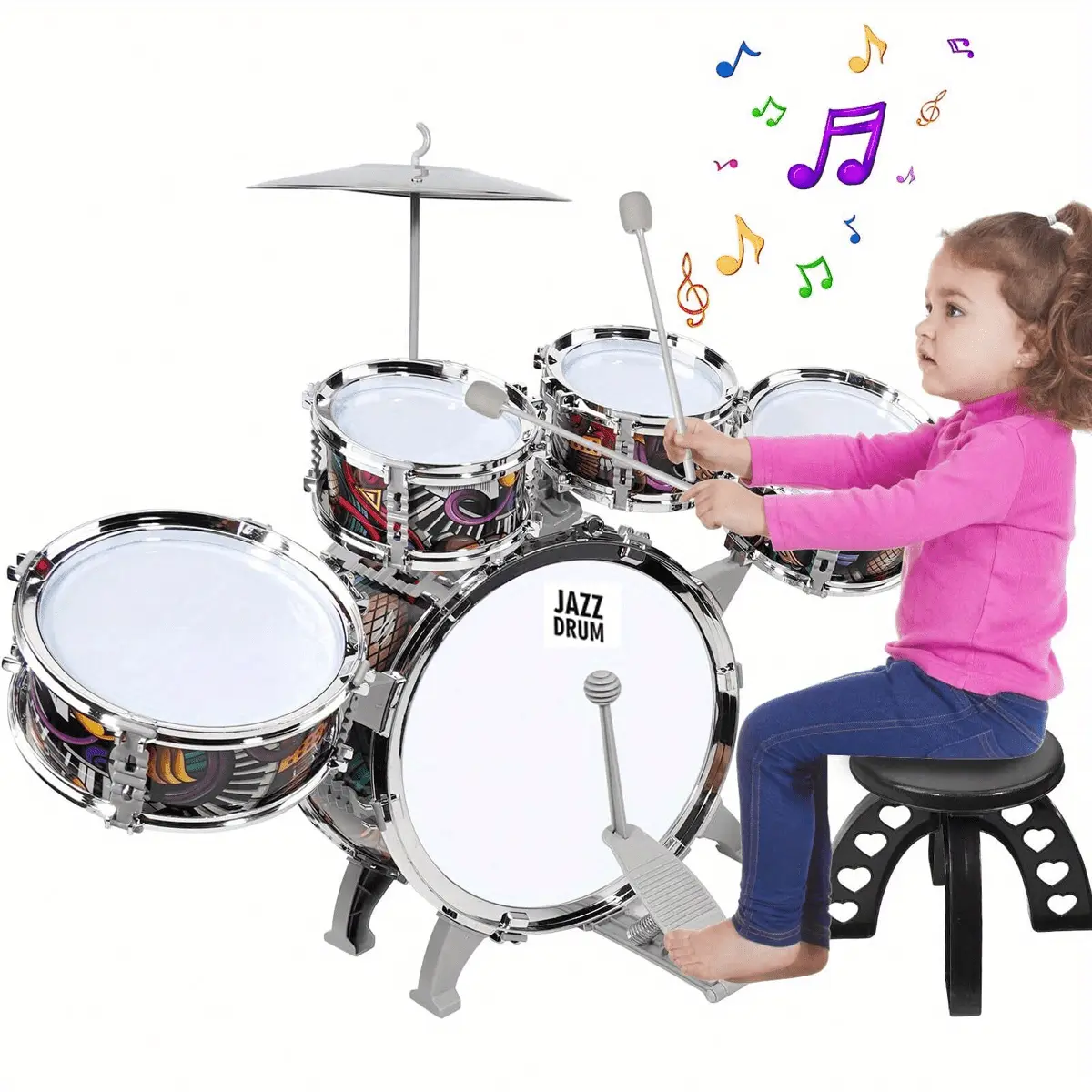 Children's 5-Piece Jazz Drum Set for Preschool Children, Mini Drum Set Musical Instrument Toy, Suitable for Ages 3-12, Pink Tote Lids Percussion Drum Kit Steel