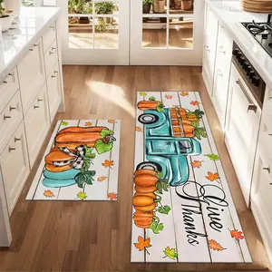 2Pcs Watergreen Pumpkin Watercolor Car Thanksgiving Floor mat set for farmhouse kitchen Rug restaurant floor laundry room decor carpet mat