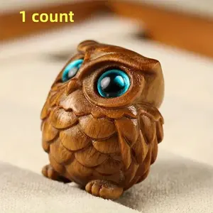 Cute Handmade Wooden Carved Owl Statue with Big Blue Eyes, Charming Cartoon Style Collection, Multifunctional Decor for Indoor and Outdoor Spaces