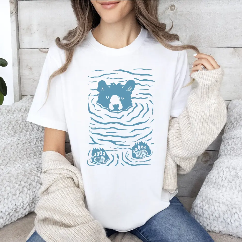 Minimalist Linocut Bear Graphic Tee - Pastel Nature Art