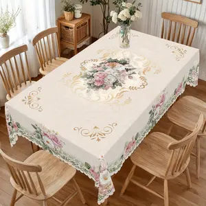 1pc Round Tablecloth with Romantic Vintage Rose Daisy Floral Print, French Elegant Polyester Table Cover for Home Kitchen Dining, Indoor and Outdoor Use, Perfect for Easter, Valentine's Day, Mother's Day, Wedding, Birthday, Anniversary