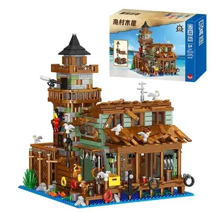 1881PCS Fishing Village Cabin Building Blocks Set Coastal Fisherman's Hut Tower Ocean Dock Scene Figures Toy Gift For Kids Teens