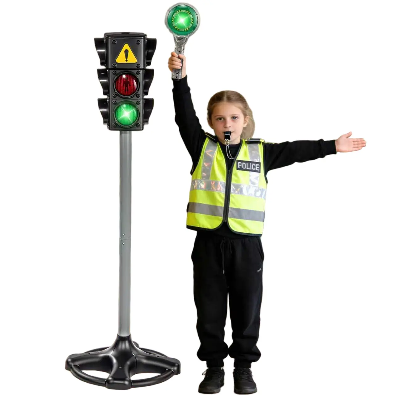 Kids Traffic Safety Educational Toy Set, Simulation Standing Traffic Light with Pedestrian Signal, Handheld Stop-Go Traffic Wand, Pretend Police Role Play Learning Toy for Boys & Girls