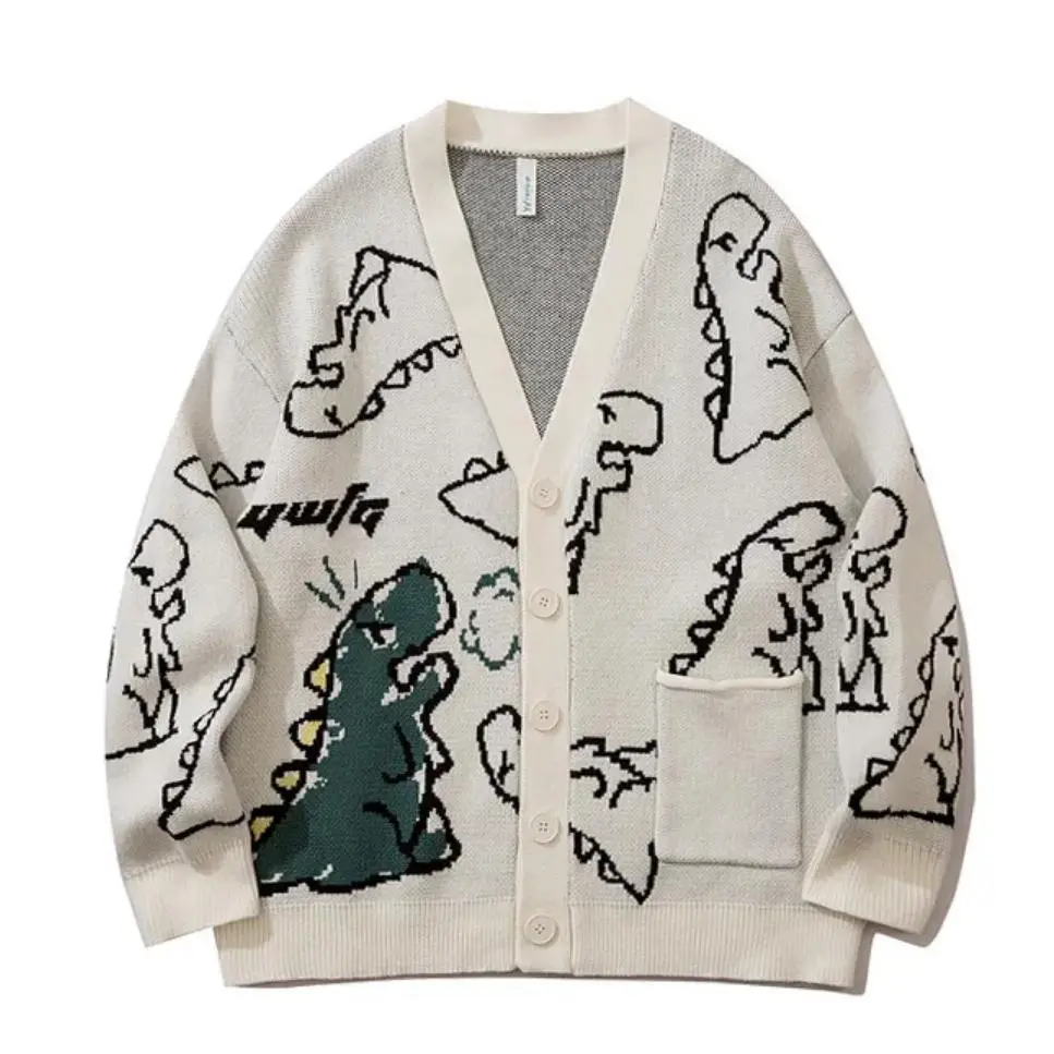 Woherb Spring Autumn V Neck Sweater Cardigans Women Dinosaur Cartoon Print Knit Cardigan Female 2025 Harajuku Knitwear Sweaters