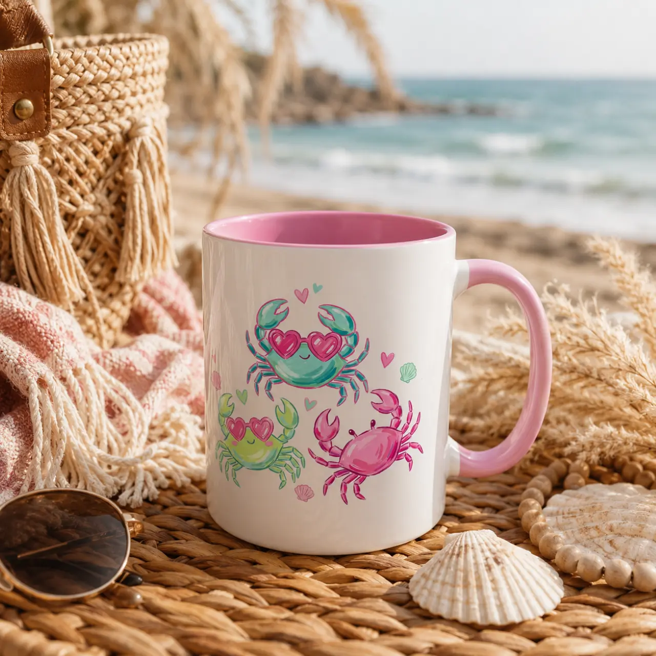 Cute Beach Crab Coffee Mug – Pink Coastal Ceramic Mug for Beach Lovers