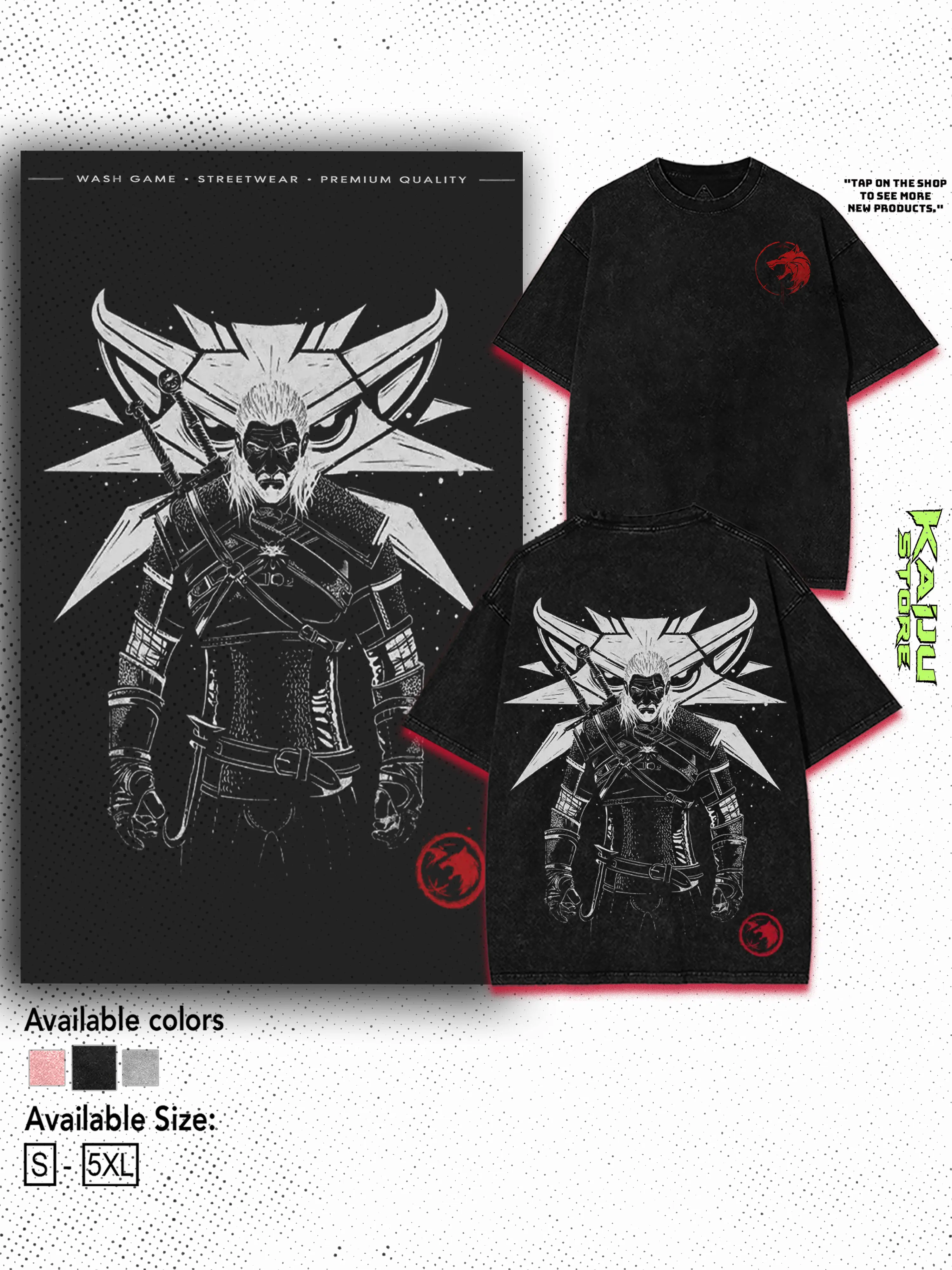 [Kaiju] The Witcher Shirt Geralt Of Rivia White Wolf Vintage Acid Washed T-Shirt Gothic Graphic Tee Y2K Clothing Summer Men Clothes Outfits Unisex Video Game Clothes Gifts For Him Apparel Dark Fantasy RPG Epic Action Gamer Merch Top