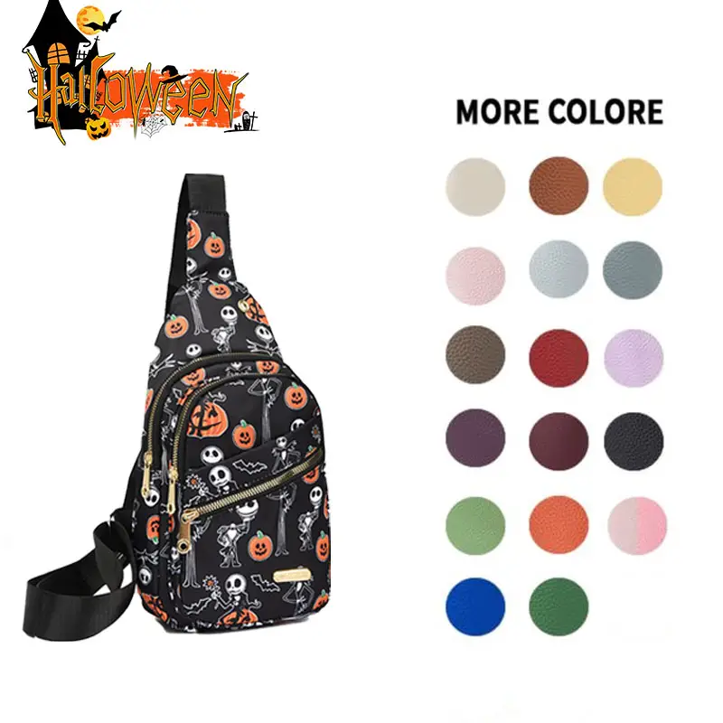 Halloween Large Capacity Chest Bag for Women - Adjustable Embroidered Crossbody Bag with Zipper Closure, Polyester Lining, Foldable, and Random Printi