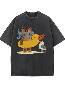 valentine shirts Men's T-shirt 230G pure cotton retro washed T-shirt, with diving cat and seagull pattern, washed short-sleeved T-shirt, retro old cloud style, soft and skin-friendly, slightly elastic close-fitting round neck design, loose and breathable
