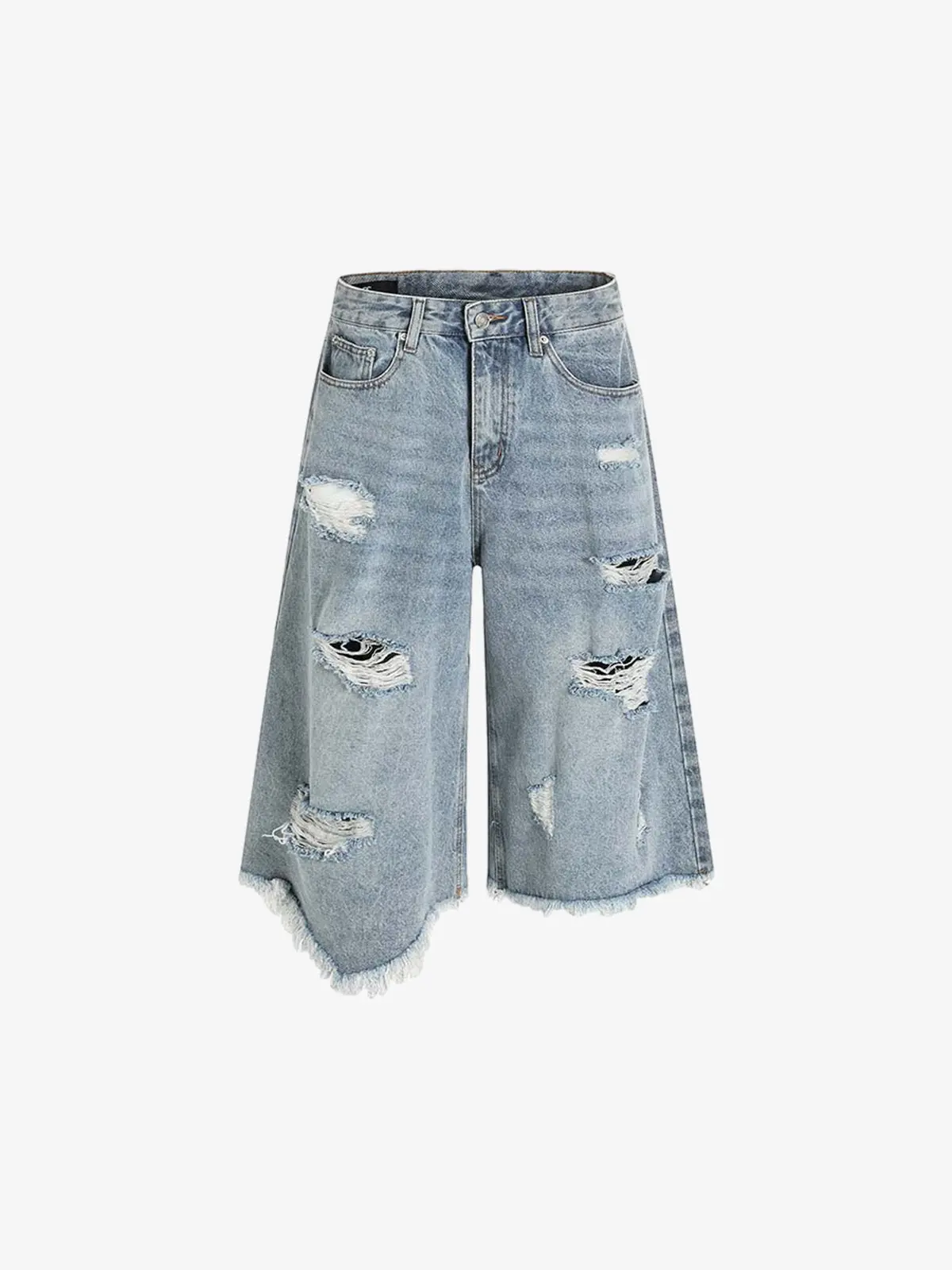 Thesupermade Men's Distressed Light Wash Cotton Denim Jorts, Menswear Pants with Sturdy Fabric and Finished Hem, Loose, Ripped, Streetwear, Alternative Grunge Men's Jeans, Loose Wide‑Leg Fit