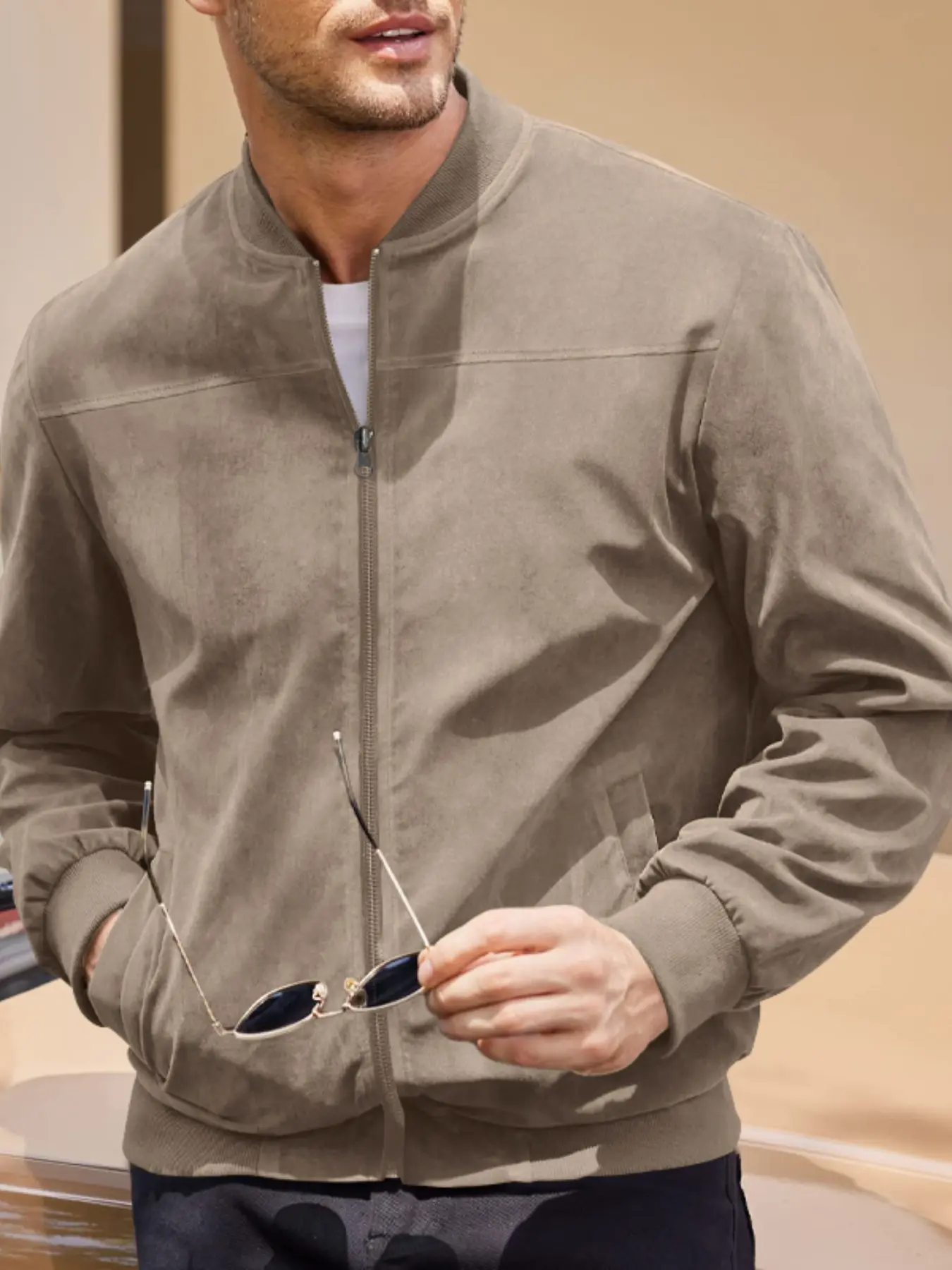 Men's classic regular - fit suede long - sleeve jacket, a casual vintage style with zip and pockets, ideal for fall and winter. A timeless men's outerwear piece, Casual jacket coat, Casual Zipper Outerwear