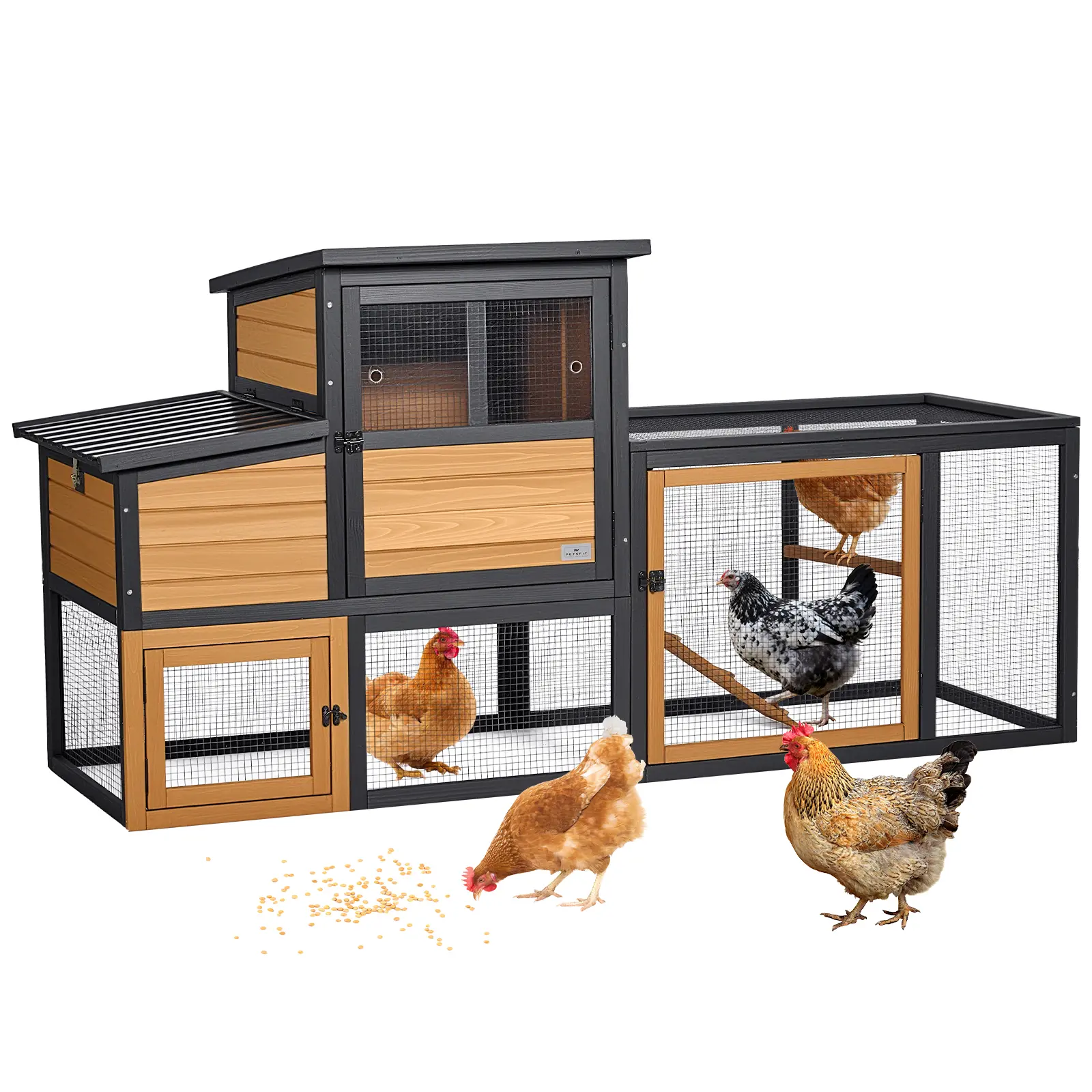 PETSFIT Wooden Chicken Coop for 2-4 Chickens, Backyard Coop with Run, 2 Nesting Boxes and 2 Roost Bars,PVC Windows, Easy-Clean 3-Door Access,Weather-Resistant PVC Roof, 6 Ground Stakes
