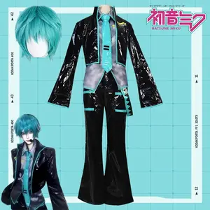 Anime Mikuo Male version Cosplay Costume Green Color Any Size Custom Made Full Set Perfect Custom black jackets with green wigs