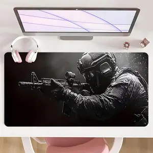 [Mouse Desk Pad] Non-Slip Mouse Pad Large Gaming Mouse Pad With Rubber Base & Stitched Edge Tactical Soldier Night Vision Helmet Rifle Design Desk Top Protector Mat For Home Office Christmas Gift