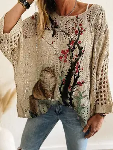 Women's Knitted Long Sleeve Top, Casual Elegance Commute Wear, Contrast Color Cat Flower Floral Print, Batwing Shoulder Design, Knitwear