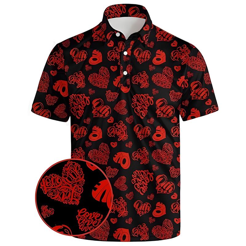 Black Club Polo In Red Heart Love Print Patterns, Mens Red Color Heart Golf Polo Short Sleeve Shirt