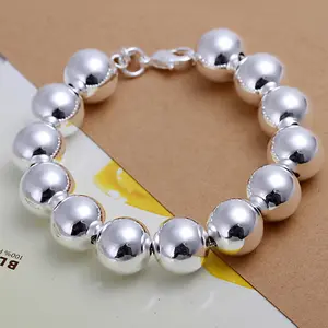 925 Sterling Silver 14mm Beaded Bracelet – 8" Polished Ball Chain with Lobster Clasp
