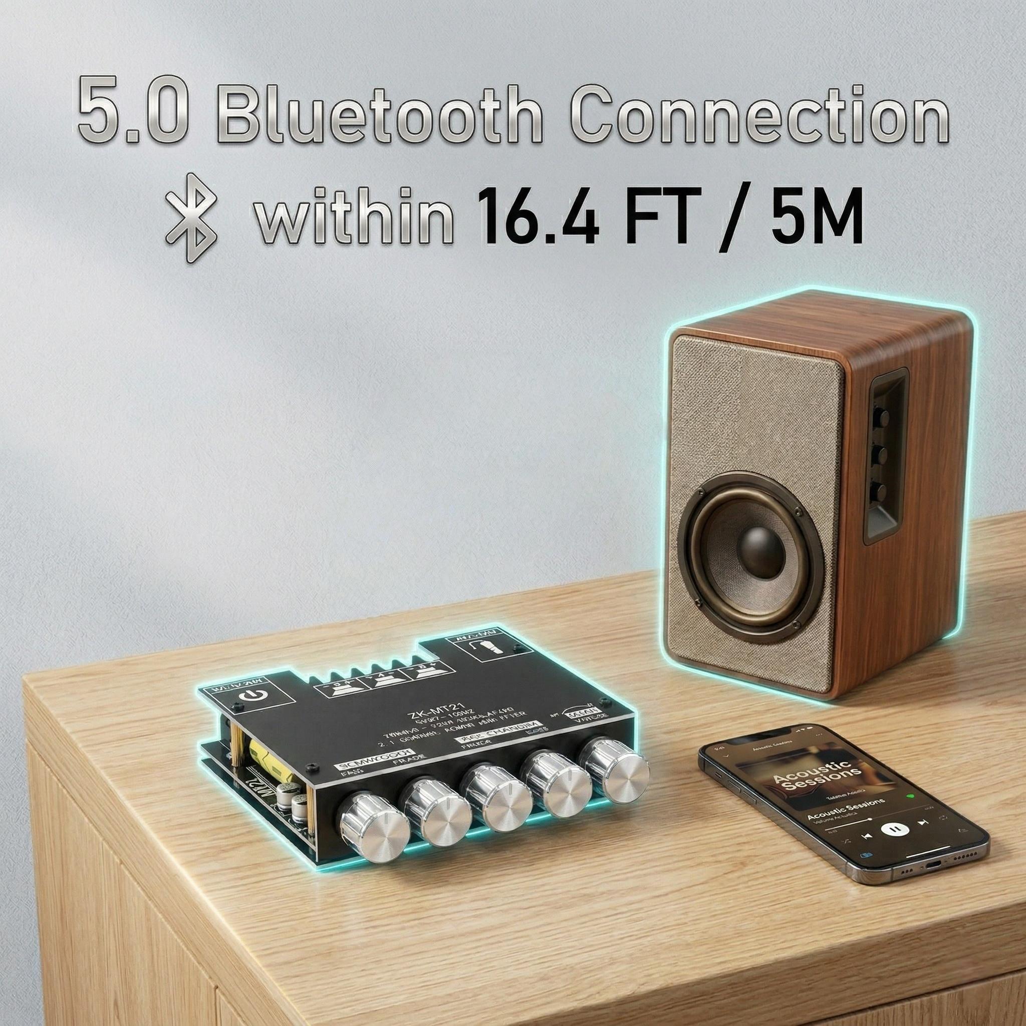 ZK-MT21 Bluetooth 5.0 Audio Amplifier Board 2.1 Channel 50W×2+100W Mini Subwoofer Power Amp HiFi Digital Audio Amp Module for Home Speakers 20-100W 4-8Ω DC 12-24V BT AUX Input