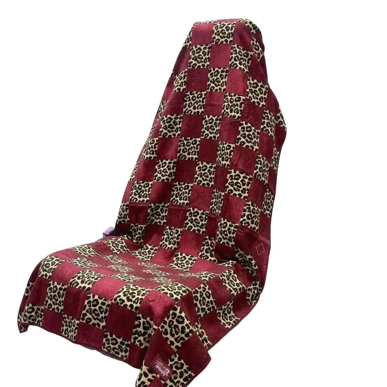 Burgundy Leopard Checkerboard Car Seat Cover Towel, Retro Universal Washable Auto Seat Protector for Gym, Beach, Travel, SUV, Truck & Sedan