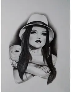 Photo Cards - Black and White Artwork Featuring Stylish Woman with Hat and Earrings