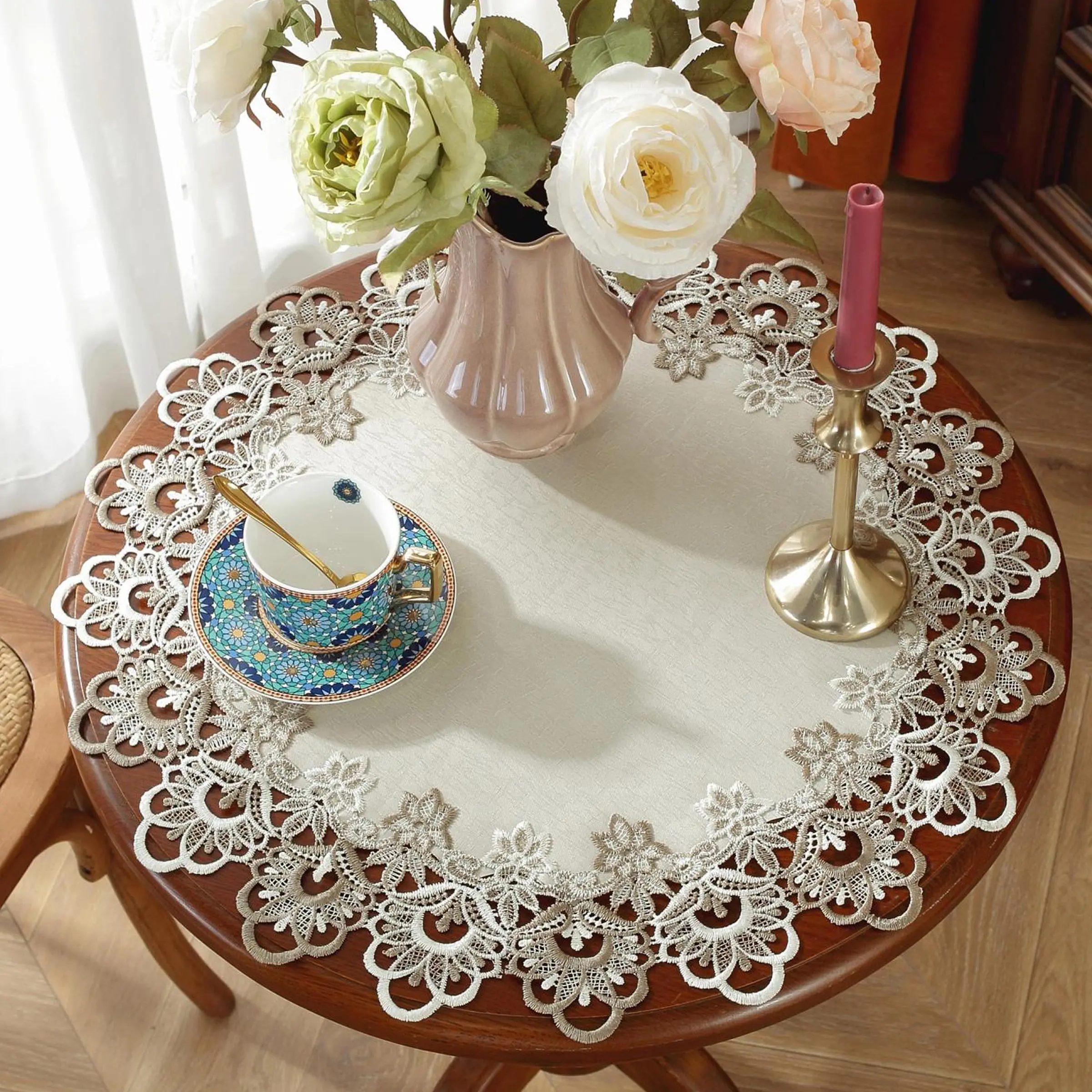 Round Tablecloth, 1 Count Elegant Embroidered Hollow Out Lace Tablecloth, Versatile Table Decoration Supplies for Home Kitchen Dining Room Wedding Party, Table Setting, Versatile Use