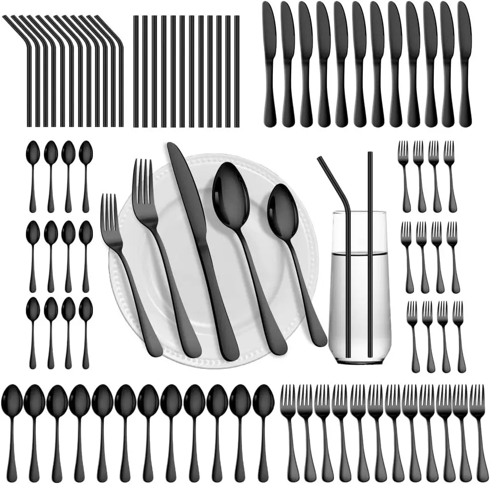 84-Piece Black Silverware Set Service for 12, Flatware with Straws, Stainless Steel Utensils Cutlery Set, Dishwasher Safe