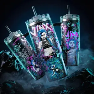 Arcane Jinx LeagueO Legends LOL TFT 40 oz Vacuum Insulated Tumbler with Handle & Straw Blue Hair Graffiti Graphic Keeps Drinks Hot/Cold 12H+ 18/8 Stainless Steel Travel Mug for Gamers & Anime Fans Dark Aesthetic Merch Gift