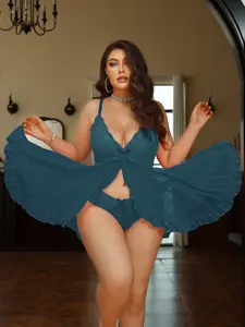 Plus Size Women's Sexy Underwear Lingerie Dress Set (wireless Triangle Panties), Casual Comfortable Sleepwear, Breathable Transparent Lightweight, Multiple Colors Available