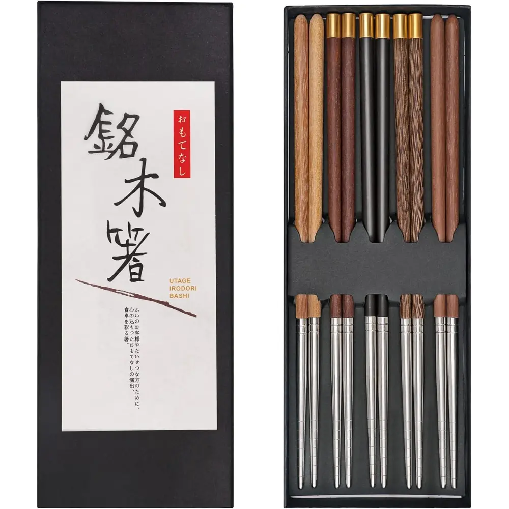 5 Pairs Reusable Chopsticks Wooden Splicing Stainless Steel Chopsticks Metal Chopsticks Lengthen Japanese Korean Chopsticks 9.8 Inch/25cm Gift Set