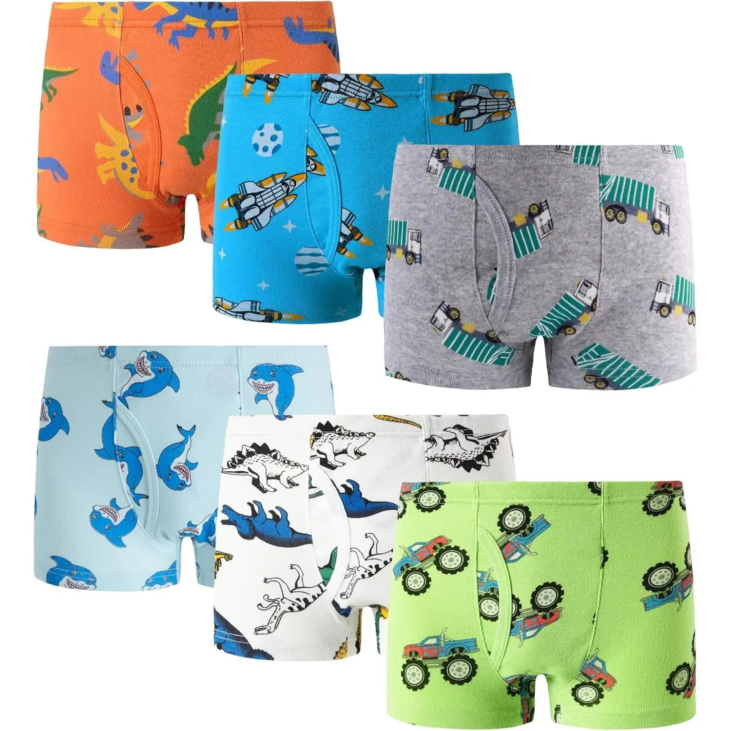 X-UDW05 Boys' 100 Percent Cotton Boxer Underwear, Ages 3-12 Toddler Kids Underwear with Cartoon Dinosaur Truck Prints, Covered Legs, Medium Stretch, Cartoon Prints, 4 - 5 Years