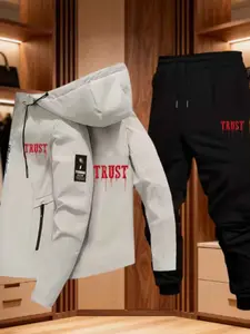 Men's Sportswear Two-Piece Set, Spring/autumn Windproof Hooded Jacket & Loose Rock Climbing Casual Pants, Geometric Print Outdoor Suit