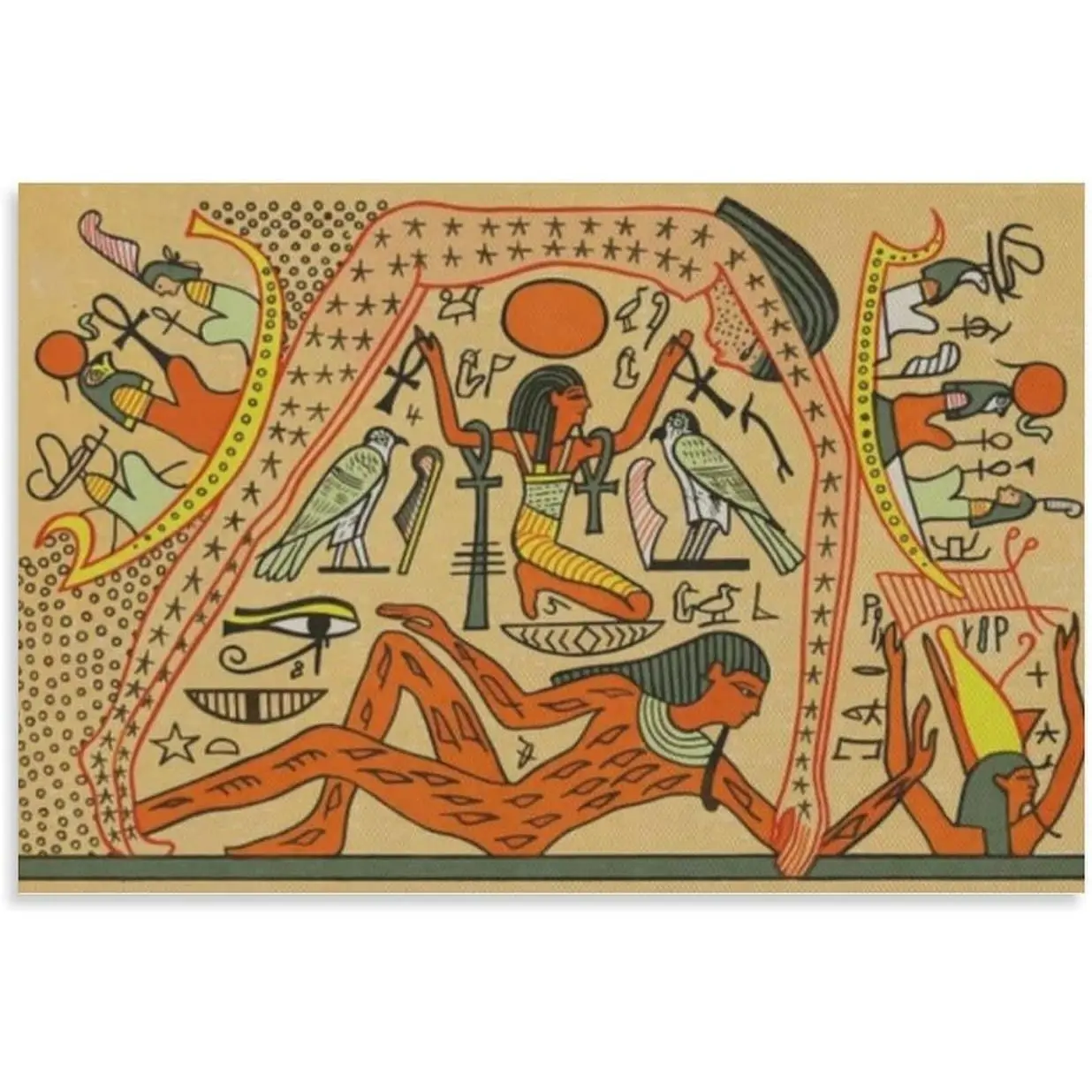 Vintage Ancient Egyptian Flat Earth Cosmology Artistic Canvas Photo Print, Solid Wood-Grain Frame-Style Gallery-Style Wall Art of Gods Nut & Geb Creation Scene, Eco-Friendly Home Decor Gifts for Living Room