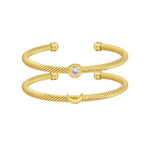 Aprilery Celestial Sun & Moon Cuff Bracelet – Twisted Golden Design with Day-Night Motifs