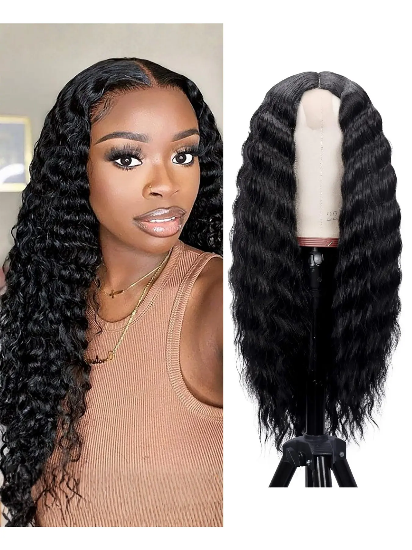 28 Inch Long Curly Synthetic Lace Front Wigs Black Woman Wigs for Black Women Loose Deep Wave Black Synthetic Hair Wig Middle Part 4" Simulated Scalp Small Lace Front Wigs Natural Looking Crimps Curls Wig All Season Wear Synthetic Fiber Wig