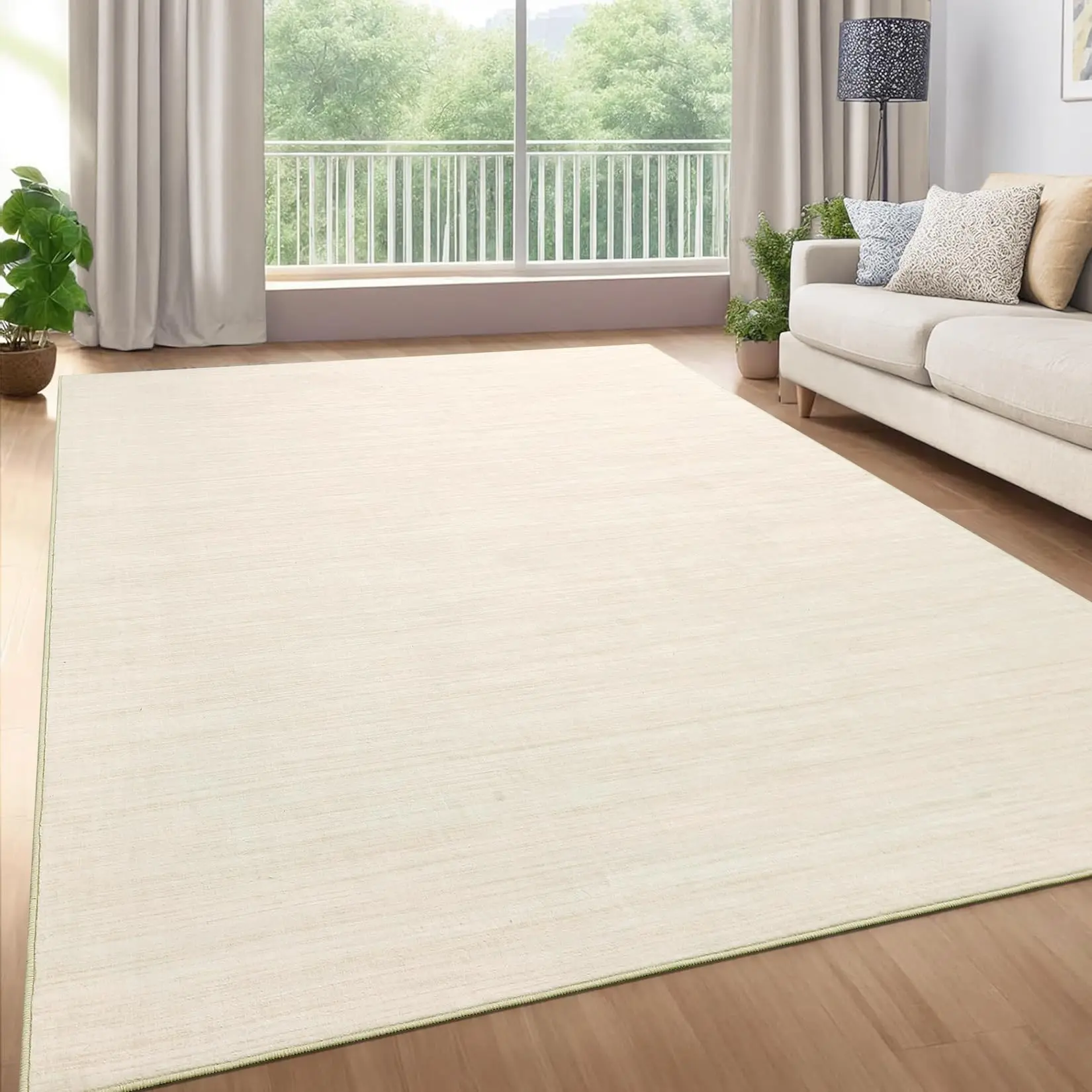 Area Rug 8x10 Modern Beige Plain Rug Non Slip, Thin Washable Carpet, Soft Non Shedding Floor Covering, Foldable Low Pile Thin Indoor Mat for Living Room Bedroom Dining Room, Beige