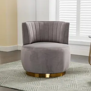 Swivel Barrel Accent Chair, Round Swivel Chair with Wide Upholstered, Comfy Velvet 360 Degree Vanity Armchair with Gold Metal Base for Living Room, Bedroom, Office, Waiting Rooms (Grey)