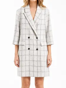 White Plaid Double-Breasted Coat Dress – Short Sleeve Tweed Blazer Dress