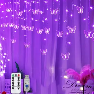 String Light 13FT 96LED USB  Curtain Light 16 Butterflies Strings 8 Mode Fairy Light Strip for Party Indoor Outdoor Room Garden Wall Wedding Christmas Xmas Decorations (Purple)