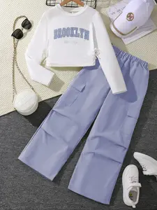 Two-Piece Set Girl's Letter Print Sweatshirt & Pants Set, Fashion Clothes Set, Matching Outfit Set, Casual Round Neck Long Sleeve Pullover & Jogger Pants for Fall & Winter, Kids Clothes for Daily Wear