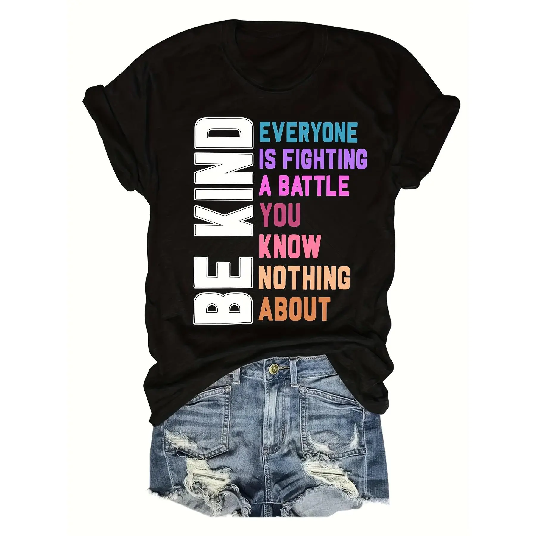 Women'S Inspirational Quote T-Shirt, Crew Neck Short Sleeve Casual Top, Regular Length, All Seasons - "Be Kind" Letter Print Tee Printed Tshirt