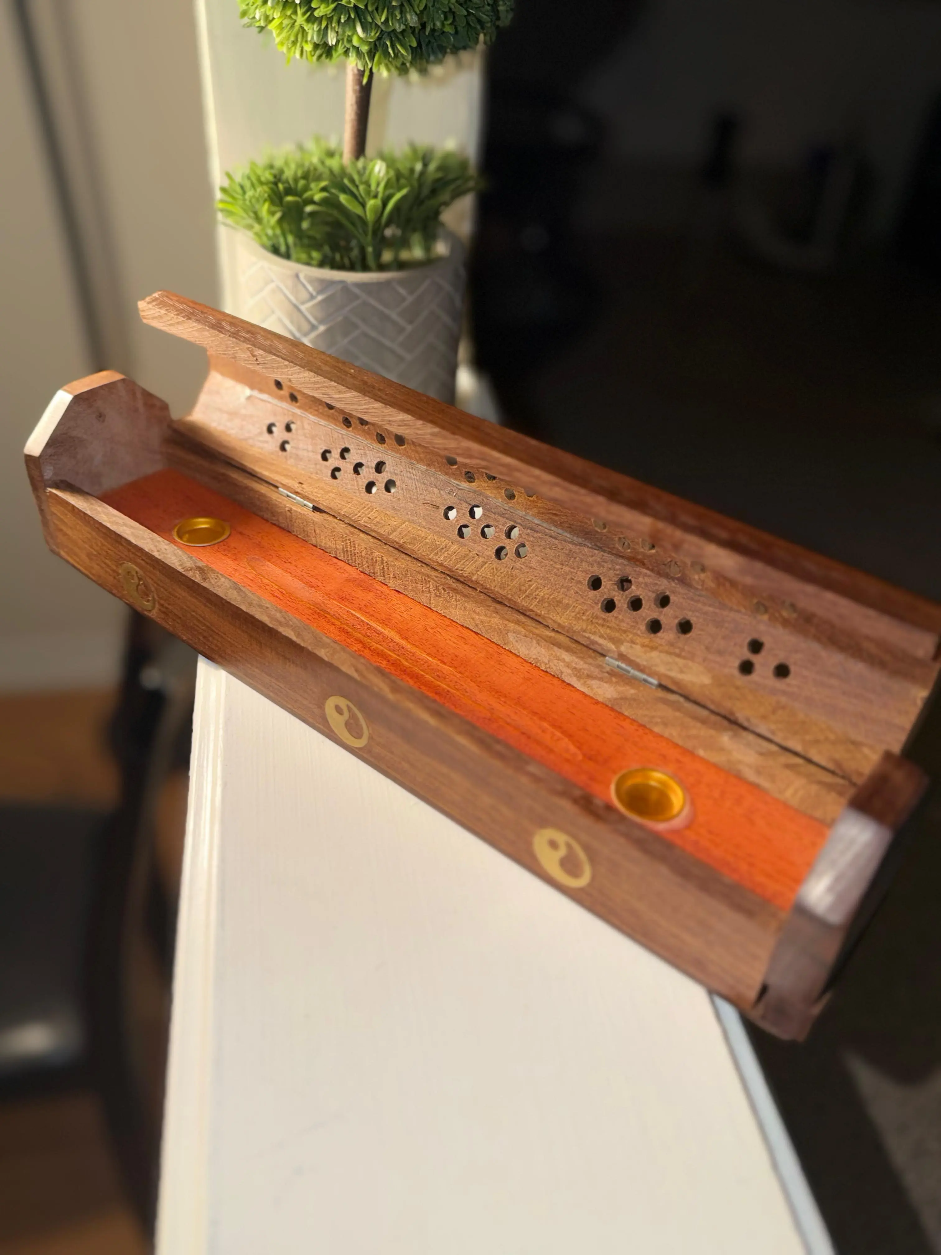 Sheesham Wood Incense Holder | Handmade Coffin Style Wooden Ash Catcher with Brass Inlay