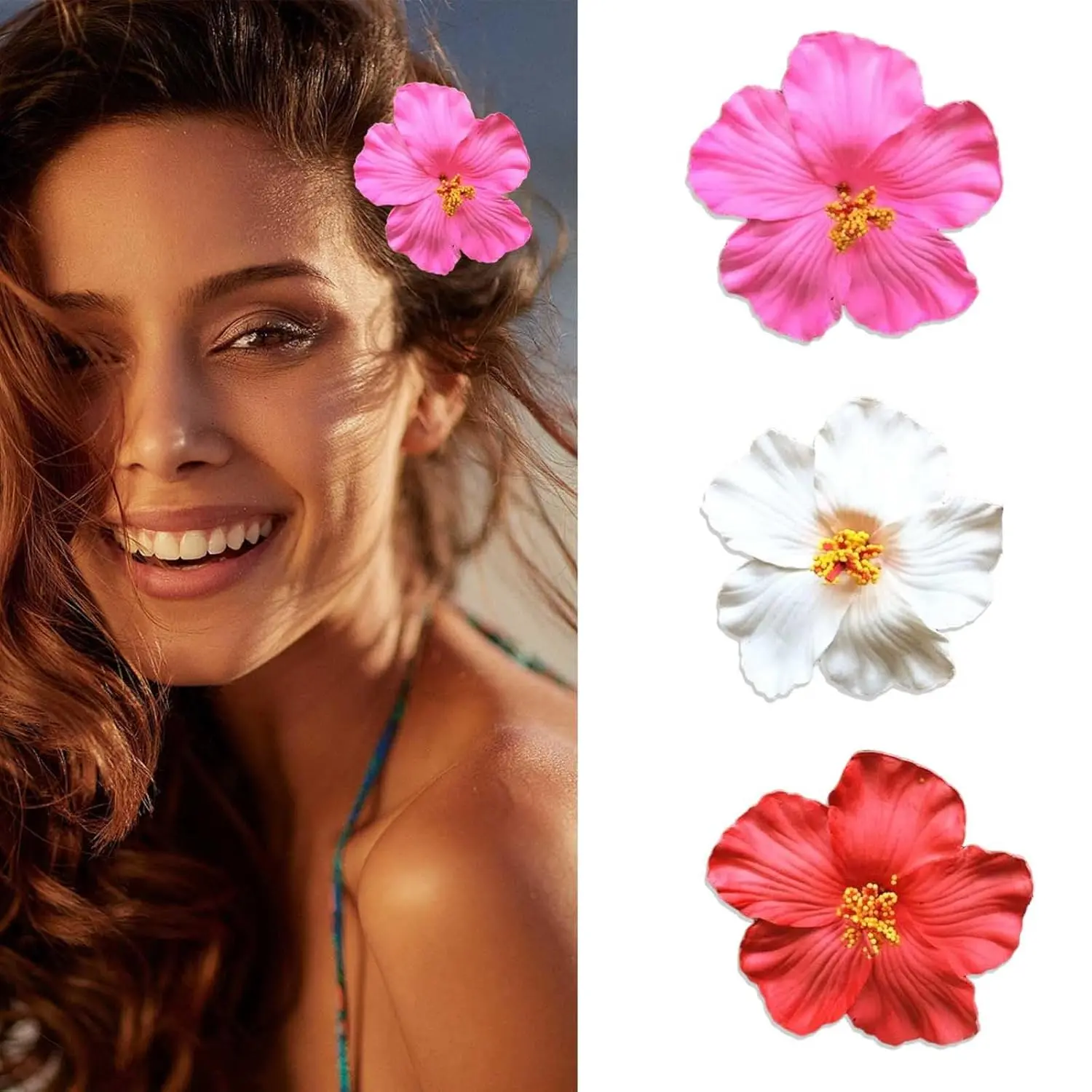 3 count Hawaiian Flower Hair Clips for Women 3.5 Inch Artificial Flower Clips Plumeria Hibiscus Hair Clip Beach Vacation Party Boho Hair Accessories for Women Girls(Red White and Pink)