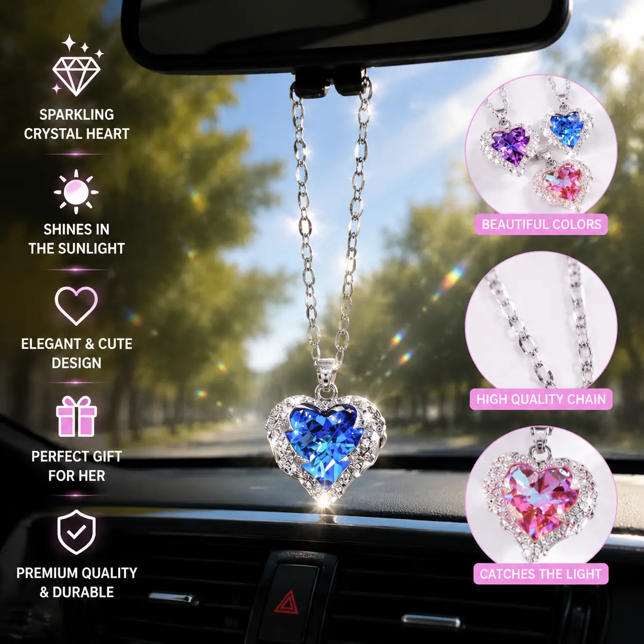Heart Crystal Car Charm for Rearview Mirror, Elegant Rhinestone Hanging Ornament, Aesthetic Car Interior Accessories for Girls