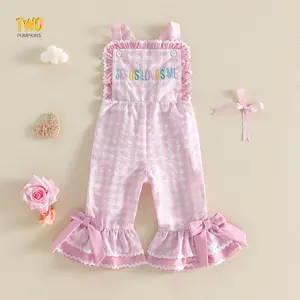 Toddler Girls Easter Jumpsuit Sleeveless Elastic Waistband Plaid Print Romper Toddler Bell Bottoms