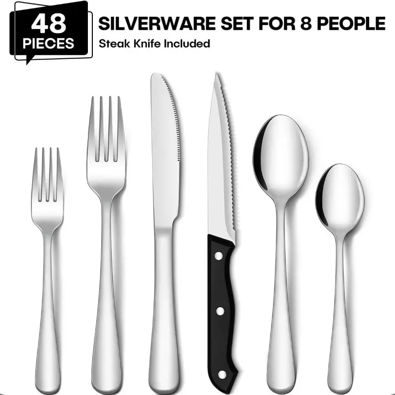 Heavy 48 Silver Set with Steak Knife, 8 Heavy Stainless Steel Tableware, Food Grade Tableware, Home Dining Utensils, Mirror Treatment, Dishwasher Safety