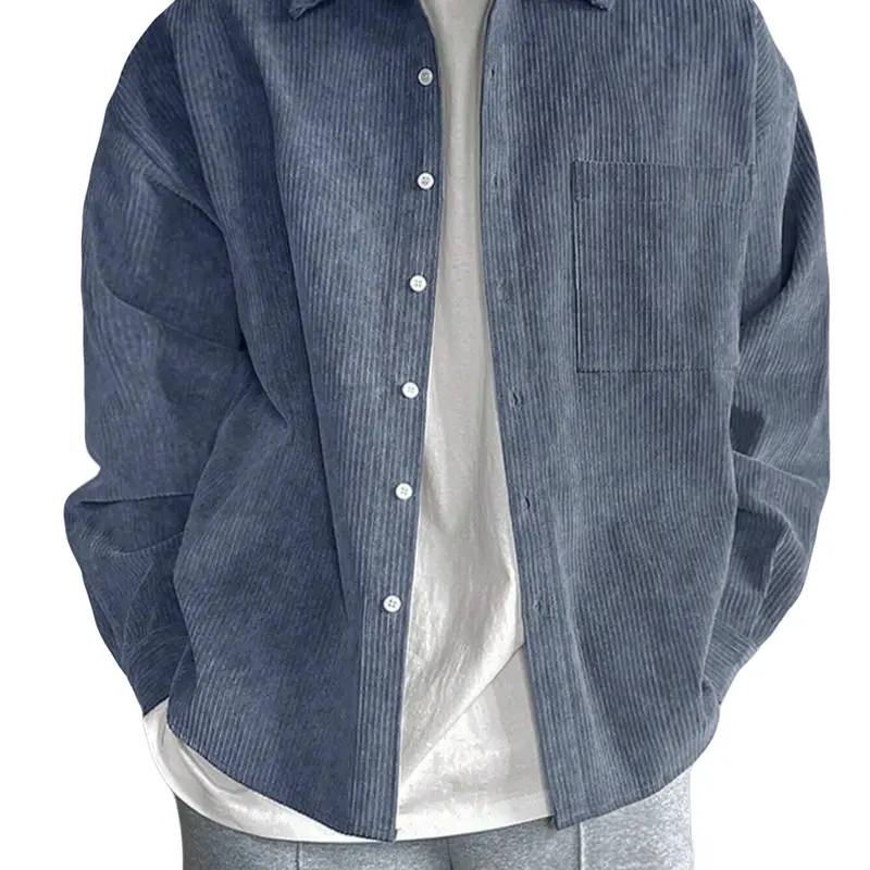 Men's Solid Button Front Corduroy Shirt, Casual Party Shirt, Regular Fit Casual Long Sleeve Collared Top for Spring & Fall, Men's Clothes for Daily Wear