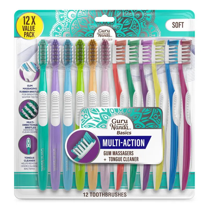 GuruNanda Soft Toothbrush with Multi-Action Directional Bristles, Built-In Tongue Cleaner, Ergonomic Handle for Comfortable Daily Brushing, 12 Count